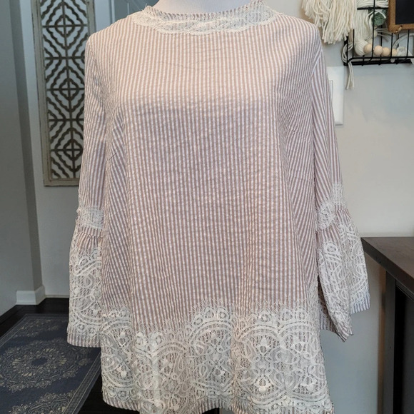 Zac and Rachel Striped Lace Boho Modest Tan White Feminine Blouse Large - Picture 1 of 9
